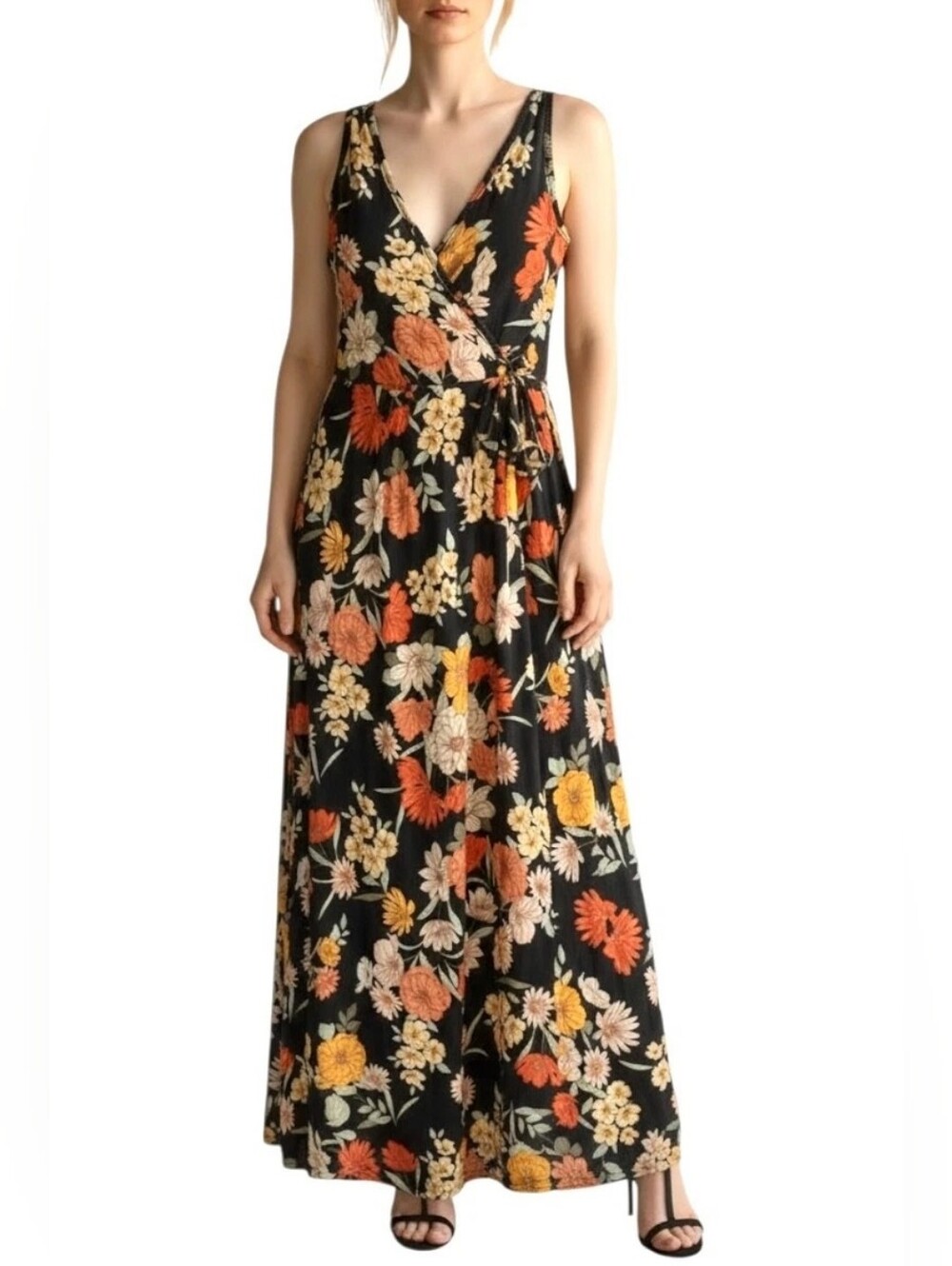 Women's Size XL Floral Wrap maxi dress Babydoll Ribbed Feminine Hippie Boho